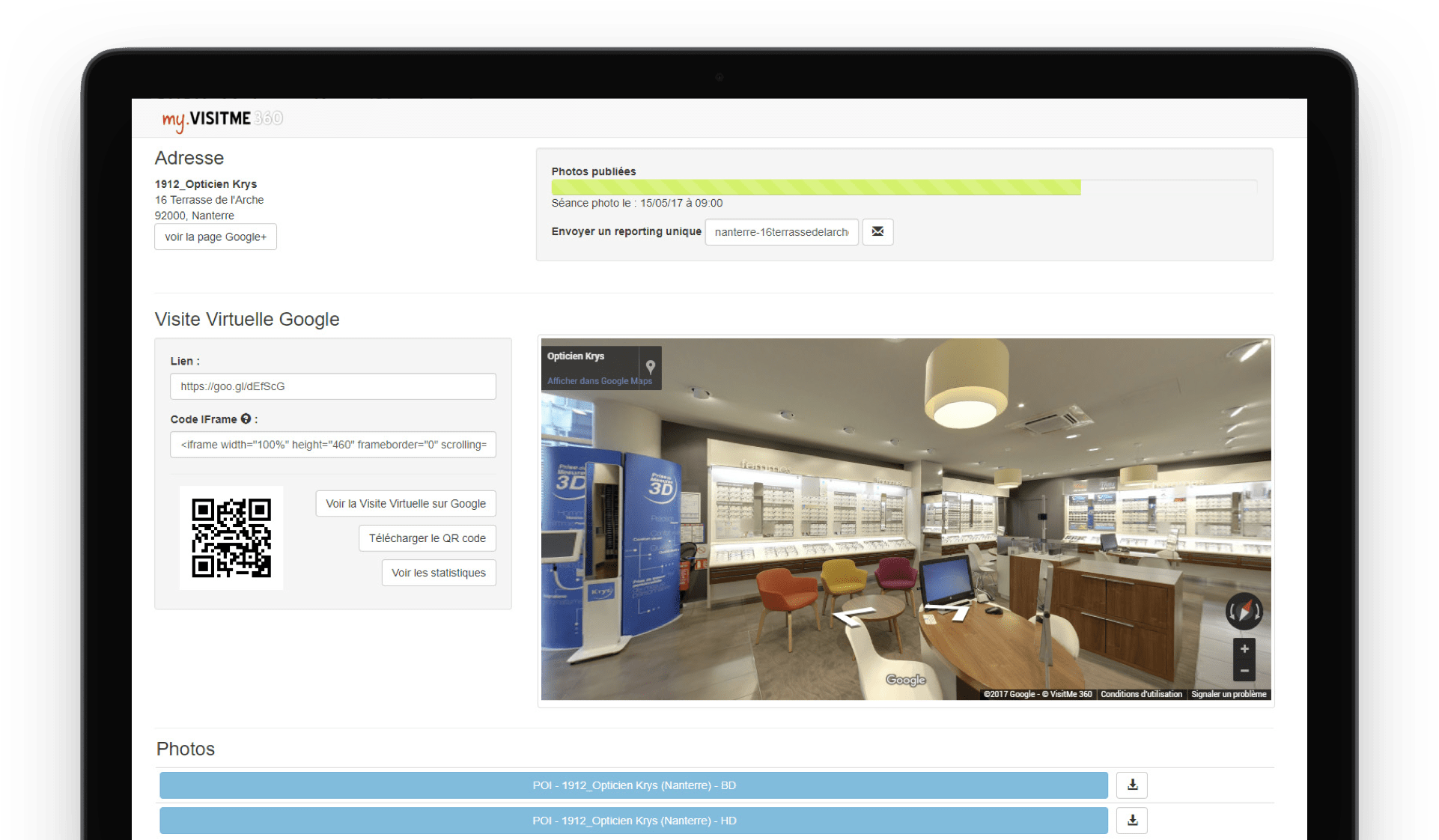 Photos et visites directement accessibles depuis l'interface